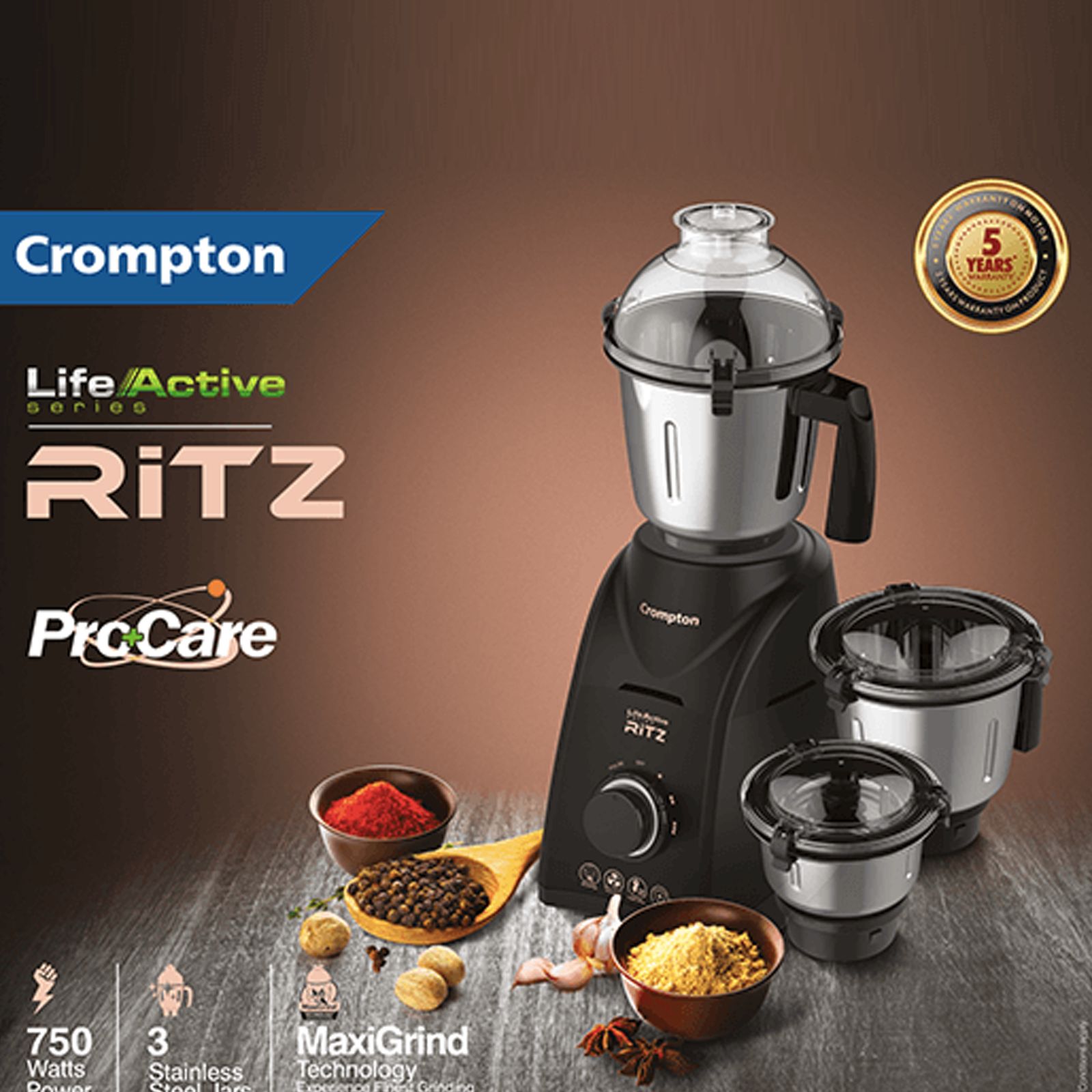 Buy Crompton Ritz 750 Watt 3 Jars Mixer Grinder Maxigrind Technology